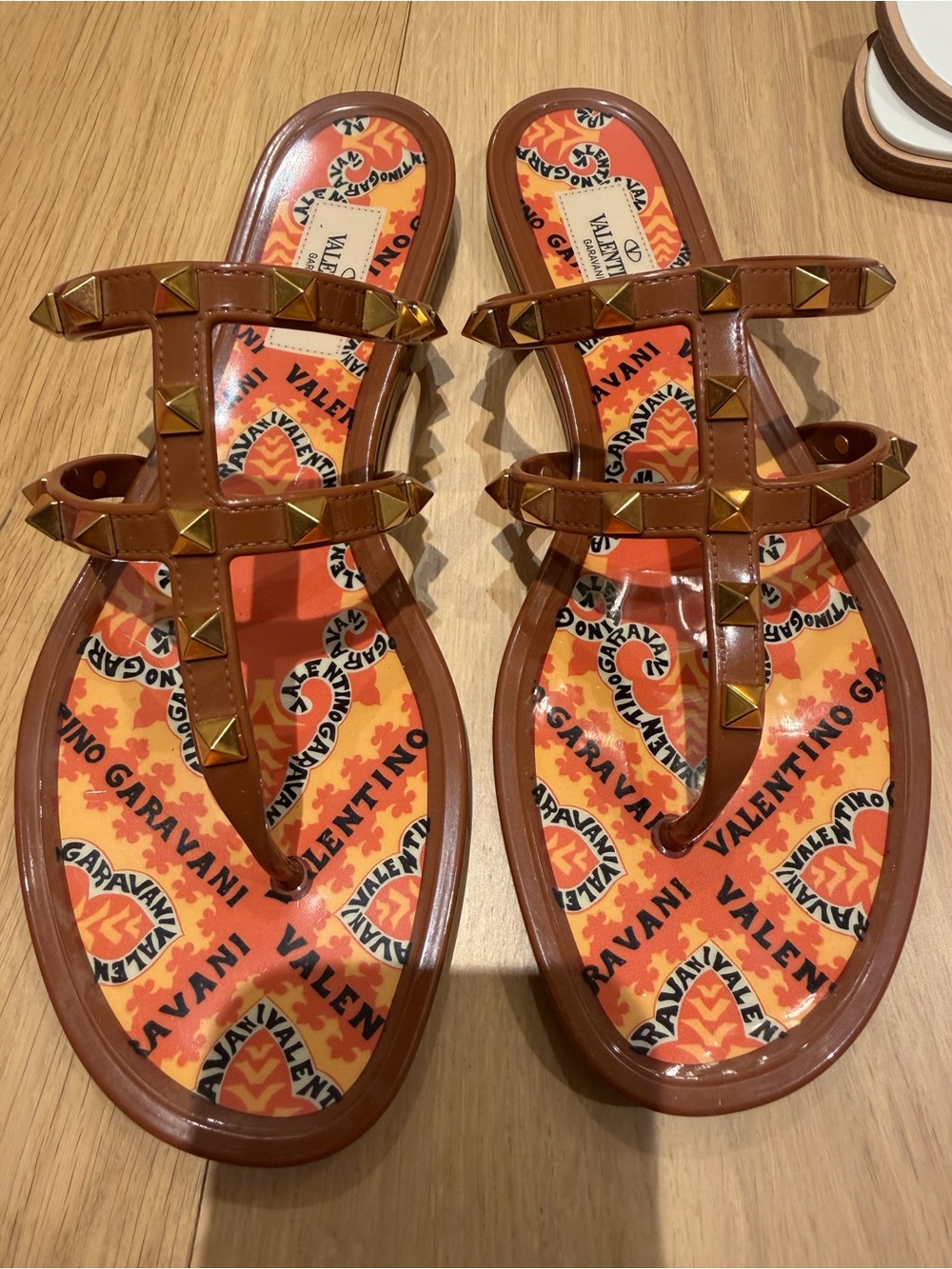 Valentino Brown Leather T-Strap Sandals with Orange Printed Footbed